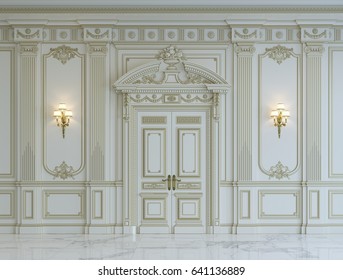 White wall panels in classical style with gilding and sconces. 3d rendering