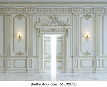 White wall panels in classical style with gilding and open door. 3d rendering