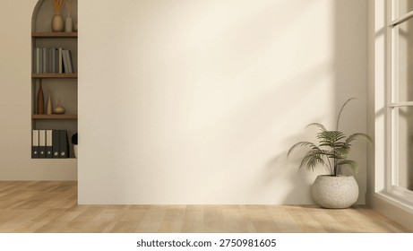 White wall with sunlight through window and recessed bookshelf over wooden parquet floor in empty room. Interior Mockup, 3D Rendering, 3D illustration.