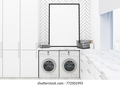 White Washroom Interior With White Wooden Walls, Two Washing Machines, And White Closets And Countertops. A Poster. 3d Rendering Mock Up