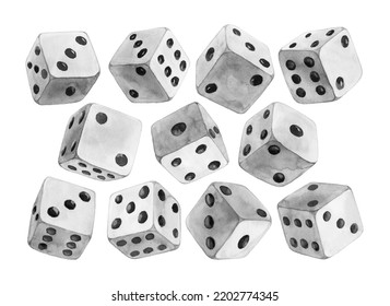 White Watercolor Dices With Black Dots Set. Pipped Dices With Rounded Corners. Die For Casino Craps, Table Or Board Games, Luck And Random Choice Symbol From Different Sides View