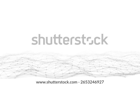 White wave with motion dots and lines. Abstract digital background. Concept connection big data. Futuristic technology backdrop. 3D rendering.