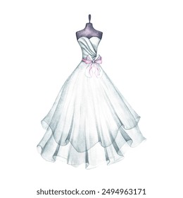 A white wedding dress. fashionable outfit for the bride, evening dresses. The lady's logo. A separate watercolor illustration made by hand. A design element for cards, banners, flyers and invitations. - Powered by Shutterstock