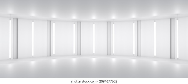 White Wide Minimalistic Abstract 3d Background. Neon Light From Lamps On The Walls Of The Circular Stage. 3d Illustration.