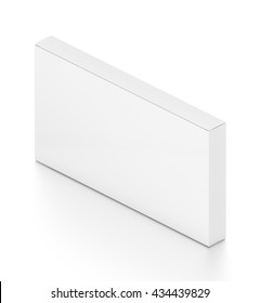 White Wide Thin Horizontal Rectangle Blank Box From Isometric Angle. 3D Illustration Isolated On White Background.