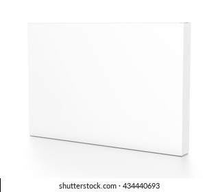 White Wide Thin Horizontal Rectangle Blank Box From Side Angle. 3D Illustration Isolated On White Background.