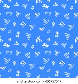 White WiFi Icons On Blue Background, Seamless Pattern