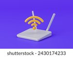 White wifi router with two antenna, yellow internet connection symbol on colored background. Concept of connectivity, signal and technology. 3D rendering illustration