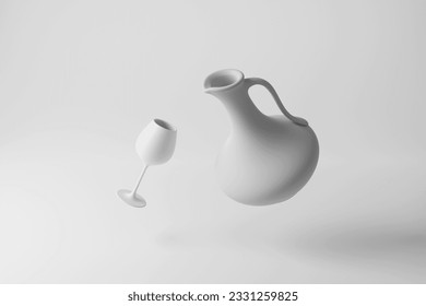 White wine jug and wine glass floating in mid air on white background in monochrome and minimalism. 3D illustration of the concept of party and alcoholic drinks - Powered by Shutterstock