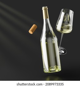 White wine mockup. A bottle and a glass of white wine float in the air against a dark background. 3d illustration