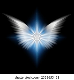 White wings and radiating light. 3D rendering