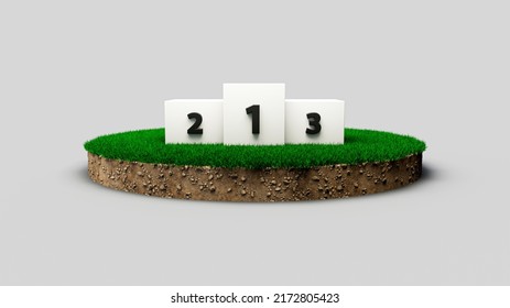 White Winner Podium On Round  Green Grass Patch Isolated 3d Illustration