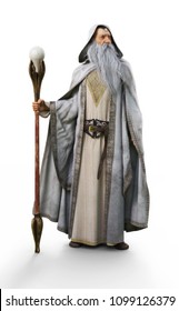 A white wizard with staff on an isolated white background. 3d rendering