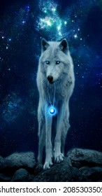 White Wolf With Blue Eye On Blue Background