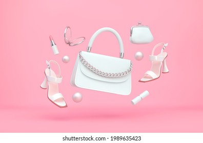 White Women's Handbag, High Heels, Purse, Lipstick, Mirror Flying Over Pink Background. Fashion Concept. 3D Rendering