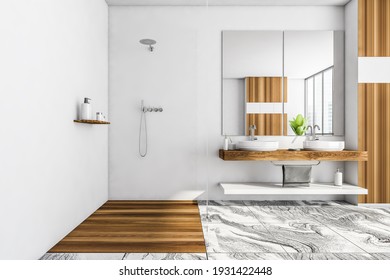 White wooden bathroom with glass shower and two washbasins. Minimalist design of modern bathroom with marble floor, 3D rendering no people