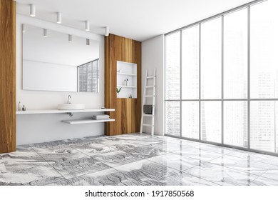 White And Wooden Bathroom With One Sink, Mirror With Window, Side View, Tiled Marble Floor. White Stylish Washbasin With Shelf, Window With City View On Skyscrapers, 3D Rendering No People