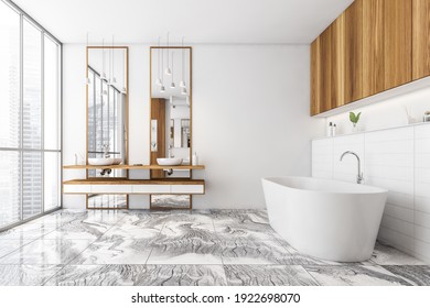 White and wooden bathroom with two sinks, white bathtub on tiled marble floor, side view. White stylish bathroom with shelf and window, 3D rendering no people
