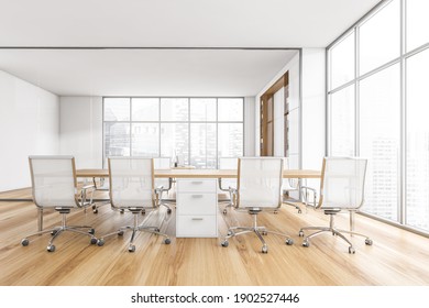 White And Wooden Conference Room With White Armchairs, White Table And Window With City View. Meeting Room With Furniture On Parquet, 3D Rendering No People
