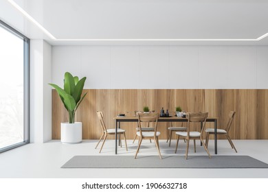 White And Wooden Dining Room With Wooden Chairs And Table Near Window, White Floor. Eating Room With Minimalist Furniture And Plant, 3D Rendering, No People