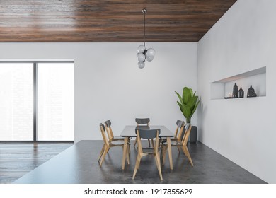 White And Wooden Dining Room With Table And Six Black Wooden Chairs, Grey Marble Floor. Large Eating Room With Modern Minimalist Furniture And Window, 3D Rendering No People