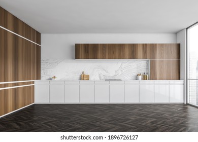 White And Wooden Empty Kitchen Set With Window And Dark Parquet Floor. Modern Luxury Wooden And White Kitchen Set With No Furniture, 3D Rendering No People