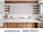 White and wooden home kitchen interior with bar counter, cooking cabinet with stove and kitchenware. Minimalist dining space in luxury apartment. 3D rendering