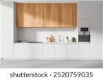 White and wooden home kitchen interior cabinet and kitchenware, light concrete floor. Cooking space design with sink and electric stove, modern apartment. 3D rendering