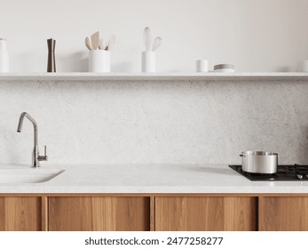 White and wooden home kitchen interior with sink and gas stove, stone counter. Closeup of minimalist cooking space with kitchenware in modern apartment. 3D rendering