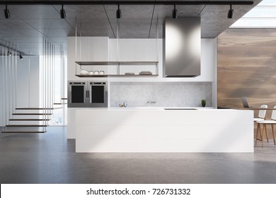 White And Wooden Kitchen Interior With A White Counter, A Concrete Backsplash, A Futuristic Staircase And A Concrete Floor. 3d Rendering Mock Up