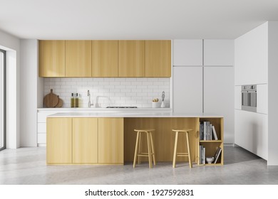 White And Wooden Kitchen Room With Kitchen Set And Cutting Table On Grey Floor. Eating Table With Chairs, Window, 3D Rendering No People