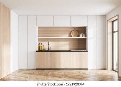 White And Wooden Kitchen Set And Deck With Appliances, Front View, Window With Sunlight. Wooden Luxury Kitchen On Parquet Floor, 3D Rendering No People