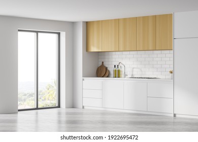 White Wooden Kitchen Set And Deck With Appliances, Side View, Window With Sunlight. Minimalist Luxury Kitchen On Marble Floor, 3D Rendering No People