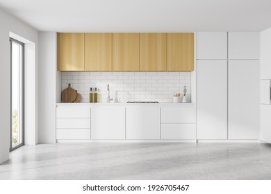 White Wooden Kitchen Set And Deck With Appliances, Front View, Window With Sunlight. Minimalist Luxury Kitchen On Marble Floor, 3D Rendering No People