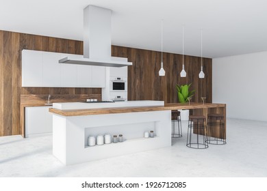 White And Wooden Kitchen Set On White Floor, Wooden Cutting Table With Spaces For Bottles, Side View. Kitchen Room Set With Cutting Table And Bar Chairs, 3D Rendering, No People