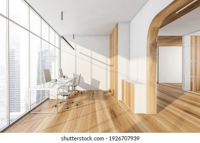 White And Wooden Light Business Office Room With Minimalist Furniture, Arch Into Corridor. Table With Computers Near Window. 3D Rendering, No People