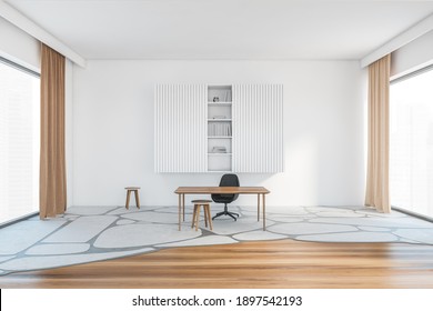 White And Wooden Living Room With Black Chair And Table, White Shelf With Books. Big Carpet And Windows With Curtains, 3D Rendering No People