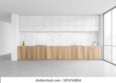 White And Wooden Minimalist Kitchen Set Near Window, Sink And Stove, Kitchen Appliances On Table. Long Kitchen Table With Square Backsplash, 3D Rendering No People