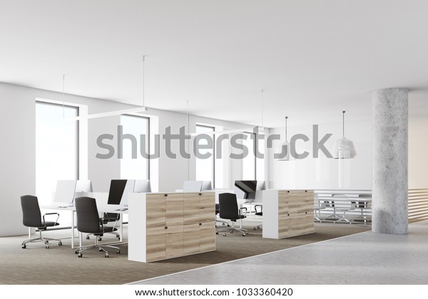 White Wooden Office Cubicles Computer Desks Stock