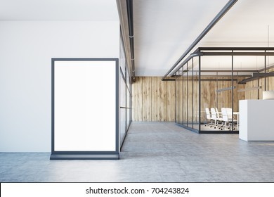 White And Wooden Office Lobby With A Glass Wall, A Concrete Floor, And A Large Glowing Banner In The Corner. 3d Rendering Mock Up