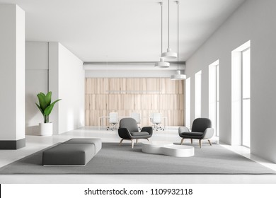 White And Wooden Office Waiting Room Interior With Gray And White Armchairs, A Rug On The Floor And Large Windows. 3d Rendering