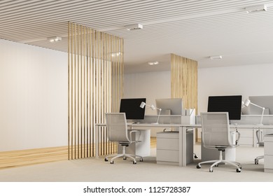 White And Wooden Open Plan Office Interior With A White Floor, Loft Windows And Rows Of Computer Tables. Side View. 3d Rendering Mock Up