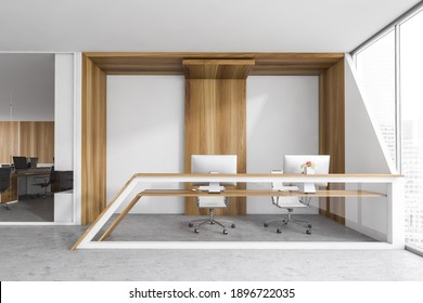 White And Wooden Reception Room With Two Computers And Armchairs On Marble Floor. Reception Entrance With Office Desk Near Window, 3D Rendering No People