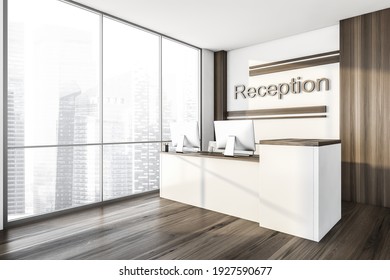 White And Wooden Reception Room With Two Computers, Side View. Entrance Business Interior With Table And Sign, Side View. 3D Rendering No People