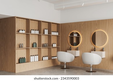 White wooden salon interior with round mirrors, side view cozy armchairs in row on grey concrete floor. Corner view shelf with jars and bottles, minimalist furniture and accessories. 3D rendering - Powered by Shutterstock