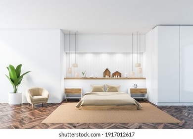 White And Wooden Sleeping Room With Bed With Linens On Carpet, Parquet Floor. Bedroom With Decoration And Plant, 3D Rendering No People
