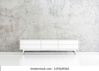 White Wooden Tv Console Mockup Near Concrete Wall, 3d Rendering