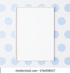  White Wooden Vertical Frame Mock Up. Kids Background. Blue Nursery Circled Wall. Empty Poster. 3d Render, 3D Illustration