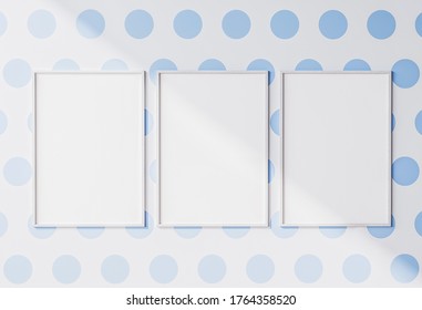 White Wooden Vertical Frame Mock Up. Kids Background. Blue Nursery Circled Wall. Three Empty Posters. 3d Render, 3D Illustration