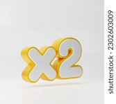 White x2 symbol with gold outline isolated over white background. 3D rendering.